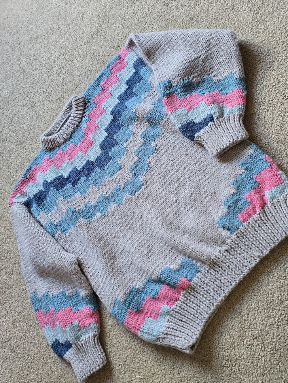Hand Knit Chunky Geometric Colorblock Sweater Size Medium